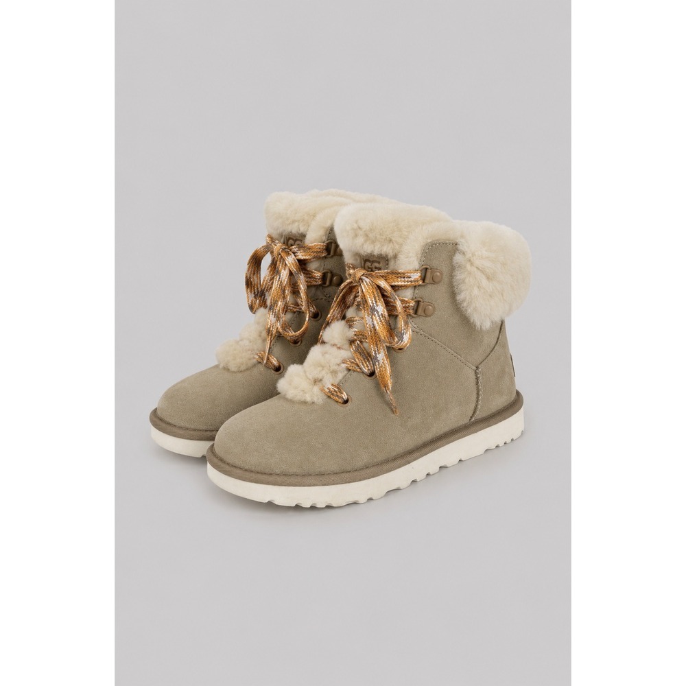 UGG Women Sz 8 Classic Mini Alpine Lace Up Tan Suede Sherpa Designer Gorpcore